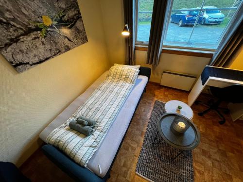 松达尔Privat rom i leilighet的小房间,床上装有泰迪熊