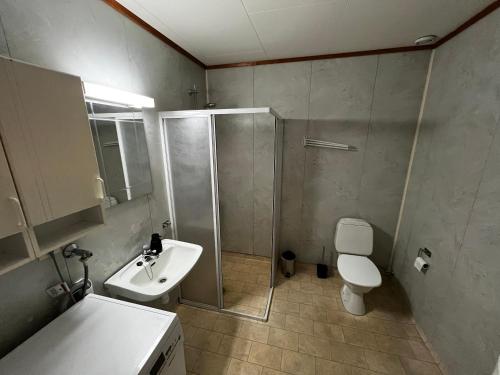 松达尔Privat rom i leilighet的带淋浴、卫生间和盥洗盆的浴室