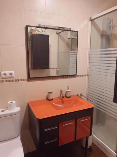 阿维拉VuT La Paz的一间带水槽、镜子和卫生间的浴室