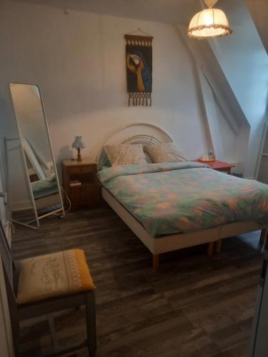 CendrieuxBienvenue en Périgord的一间卧室配有一张床和镜子