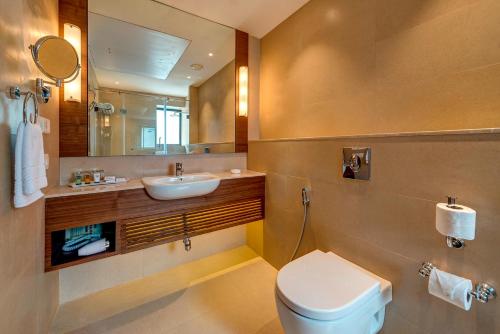加尔各答阿斯特酒店的一间带卫生间、水槽和镜子的浴室
