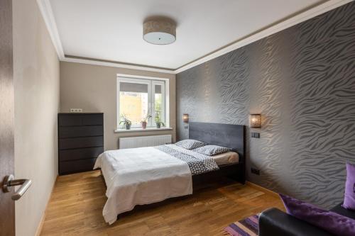 里加Jekabpils 2 Apartment的一间卧室设有一张床和一个窗口