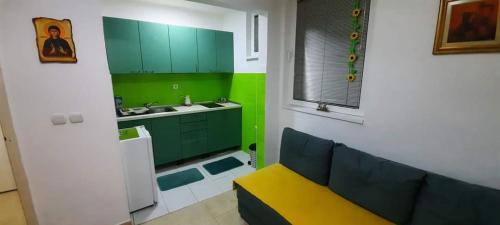 斯塔多伊兰Apartmani Pavlovi Star Dojran的厨房配有绿色橱柜和蓝色沙发