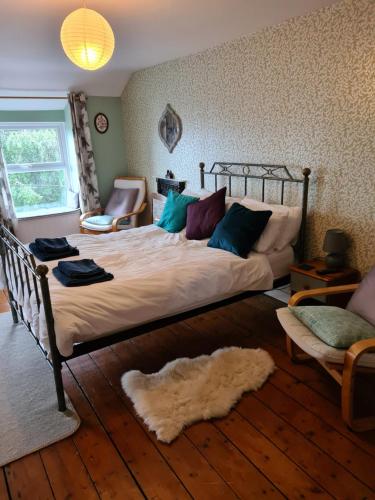 NantlleNorth Wales Cosy Cottage with views near Eryri Snowdonia的卧室配有一张大床,地板上铺有地毯
