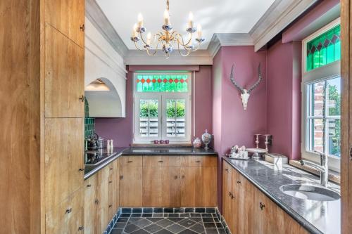通厄伦Huize Koedoe的浴室设有紫色墙壁、水槽和吊灯。