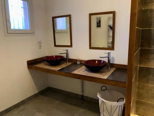 瓦朗斯旁圣马塞Studio avec extérieur ombragé的浴室设有2个水槽和2面镜子