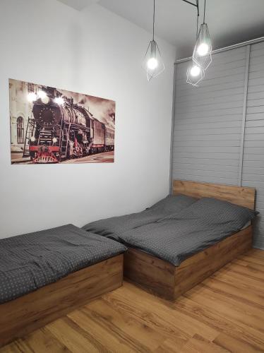 霍伊尼采Apartament "Przy Dworcu"的一间卧室设有两张床,墙上挂着一幅画
