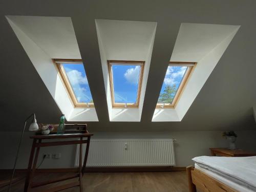 塞巴特阿尔贝克Villa Harmonie的一间屋顶上设有三个天窗的卧室
