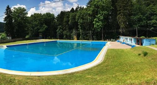 JugówPod Dębem的草地上的大型蓝色游泳池