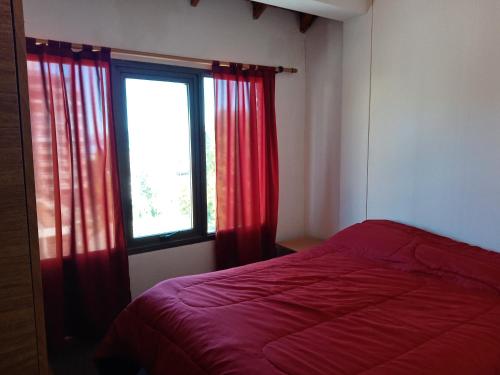圣卡洛斯-德巴里洛切LA CASITA DE ALEX的一间卧室配有床和红色窗帘的窗户