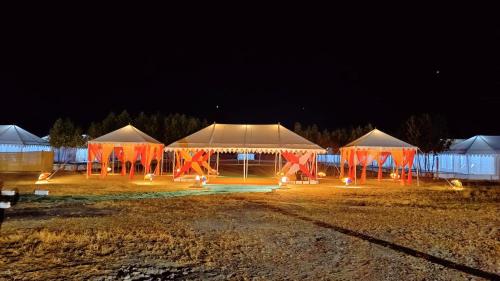 DhordoKutch Classic Resort Camp的一群帐篷在晚上在田野里