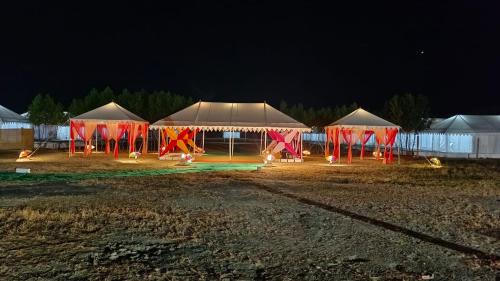 DhordoKutch Classic Resort Camp的夜晚在田野里一排帐篷