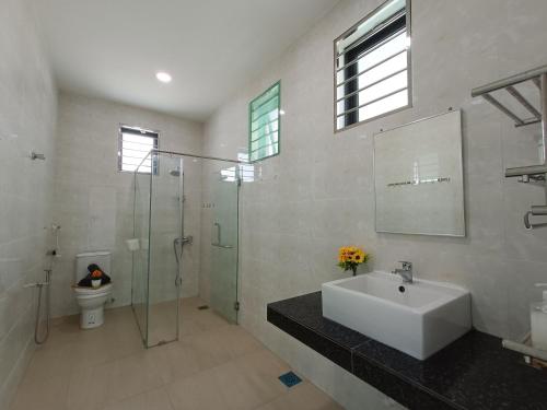 马西Memories Village by Antlerzone的一间带水槽和玻璃淋浴的浴室