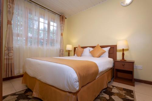 内罗毕The Cycads Suites的一间卧室设有一张大床和一个窗户。