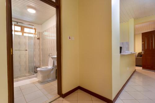 内罗毕The Cycads Suites的一间带卫生间和淋浴的浴室。