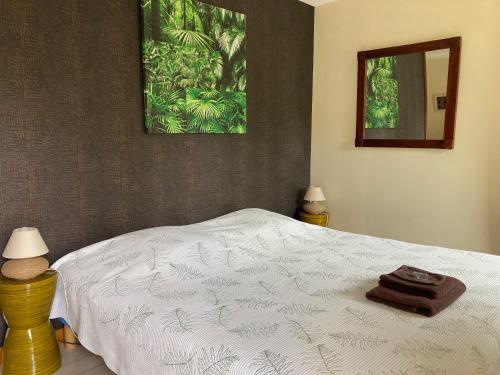 高伊斯瑙Le relais de Roscarven的一间卧室配有一张床,床上有毛巾