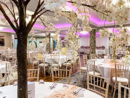 马拉费尔特The Terrace Hotel的宴会厅配有白色的桌椅和一棵树