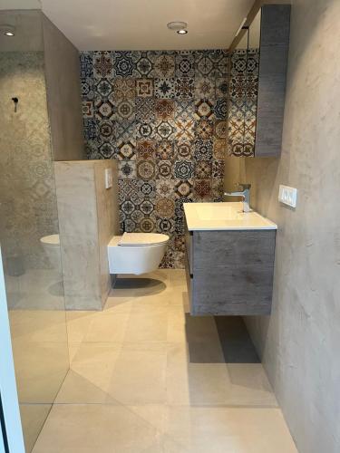 阿珀尔斯哈Bij De Kei Appelscha的浴室配有水槽、卫生间和瓷砖