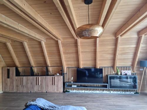 OrllanBatllava Premium Resort Villa 2的客房设有木制天花板、沙发和电视。