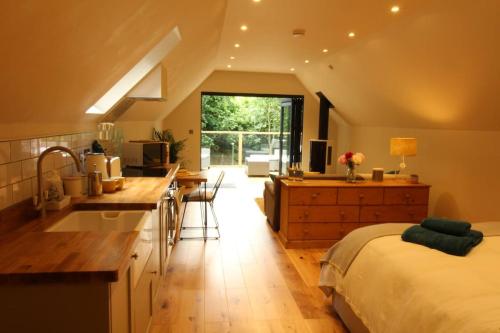 CratfieldThe Hive - beautiful studio with amazing hot tub的厨房以及带床和水槽的卧室