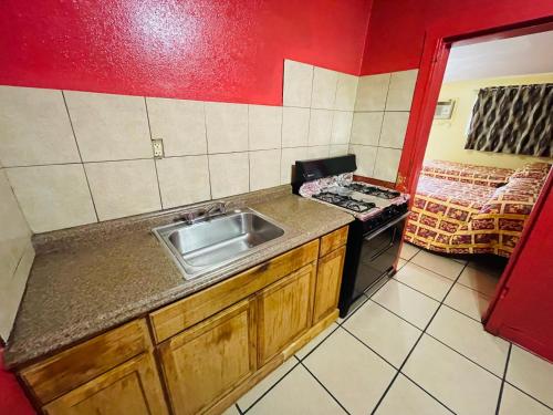 新奥尔良Royal Palms Motel的厨房配有水槽和炉灶