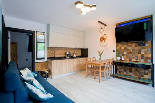穆希纳Apartament Muszyna的一间带蓝色沙发的客厅和一间厨房