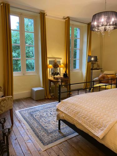 波旁拉尔尚博Chateau du Grand Lucay的卧室配有一张床、一张书桌和窗户。