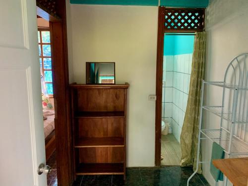 萨玛拉Woodstock Hostel的一间设有木制橱柜和镜子的客房