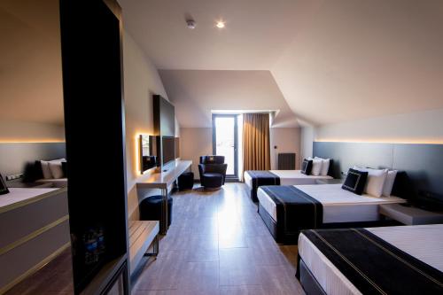 伊斯坦布尔MENALO HOTEL PREMIUM ISTANBUL AIRPORT的酒店客房配有两张床和一张书桌