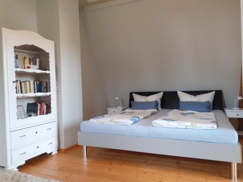 莫里茨堡Ferienwohnung Erika的一间卧室配有一张带书架的床