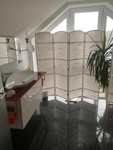 博特罗普Apartment in toller Lage am Rande des Ruhrgebietes的一间带水槽和窗户的浴室