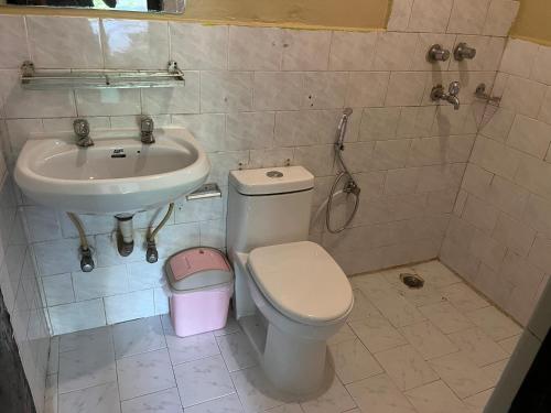 博卡拉尼泊尔小屋旅馆的一间带卫生间和水槽的浴室