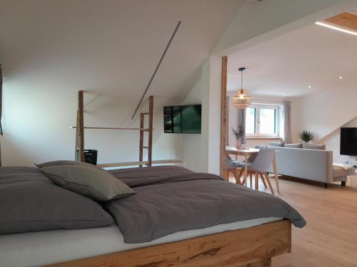 基姆高地区阿绍Ferienwohnung Bergblick Loft的一间带大床的卧室和一间客厅