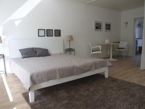 巴特萨尔茨乌夫伦Das Stadthaus的卧室配有一张床和一张桌子及椅子