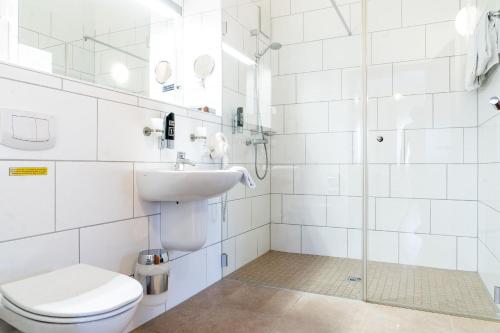 MeuspathLand-gut-Hotel am Ring的浴室配有卫生间、盥洗盆和淋浴。