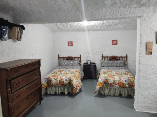 GorafeCueva Navarro的一间卧室配有两张床和梳妆台。
