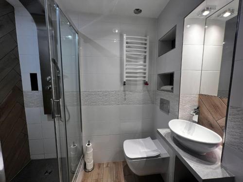 厄尔科Selment Resort的带淋浴、卫生间和盥洗盆的浴室