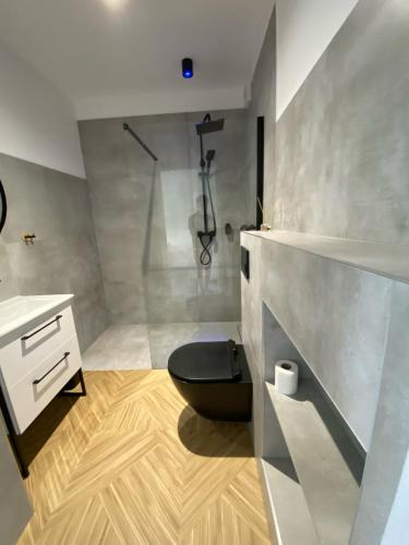 别尔斯克-比亚拉Apartamenty Beskid House的浴室铺有木地板,设有黑色卫生间。