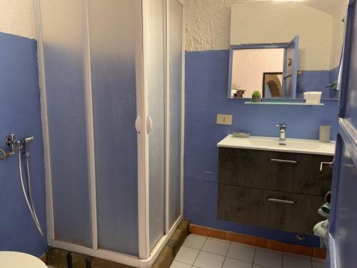 潘泰莱里亚Cactus b&b Le casette di Marilena的蓝色的浴室设有水槽和镜子