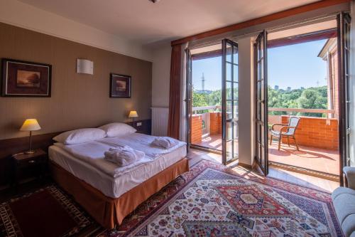 比得哥什斯洛泽尼马林酒店的一间卧室设有一张床,享有阳台的景色
