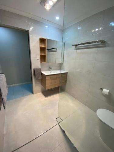 曼哲拉运河梦度假屋的一间带玻璃淋浴和水槽的浴室