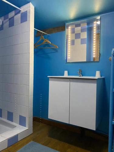 Saint-Martin-le-VieuxLa Fromagerie的蓝色的浴室设有水槽和淋浴