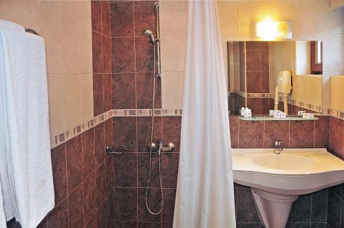 普罗夫迪夫里尔酒店的浴室配有水槽和带浴帘的淋浴