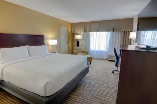 克利尔沃特Holiday Inn St. Petersburg N - Clearwater, an IHG Hotel的酒店客房设有一张大床和一张书桌。