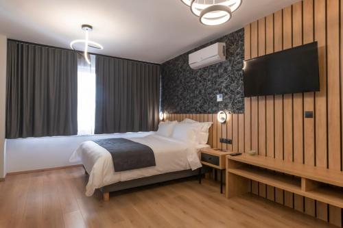 雅典Ethereal Athεns的一间卧室配有一张床、一张书桌和一台电视。