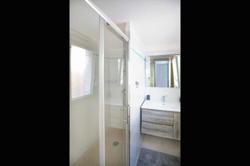 纳博讷Superbe appartement à 2 pas des Halles, Climatisé, terrasse, garage的一间带玻璃淋浴和水槽的浴室