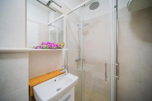 鲁巴达Apartment Lumbarda 4446b的带淋浴、盥洗盆和卫生间的浴室