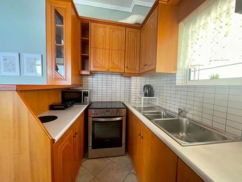 Glyfada FokidasSeaside Apartment in Glyfada-Trizonia的厨房配有木制橱柜、水槽和炉灶。