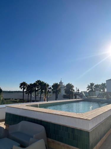 埃尔罗西奥Hotel La Malvasía的一个带椅子的游泳池,棕榈树