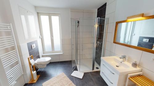 诺伊鲁平Travel Art Boardinghouse (Lazarettstr.)的浴室配有卫生间水槽和淋浴。